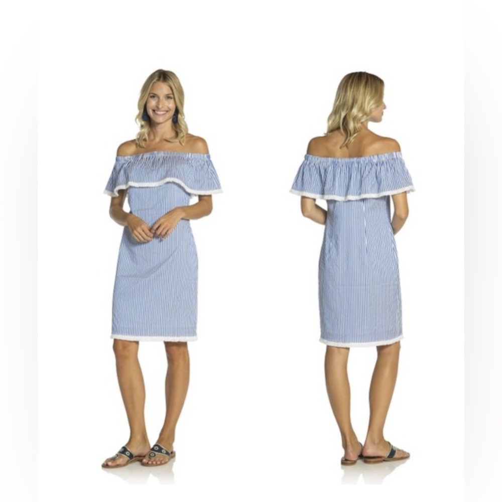 Sail to Sable Blue and White Off-Shoulder Dress